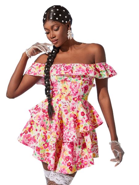 

floral print off shoulder ruffle trim layered hem dress s12i#, Black;gray