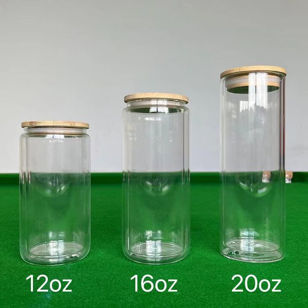

20oz double wall sublimation glass tumbler snow globe glass can beer cup clear drinking glass with bamboo lid & straw diy coffee mugs custom