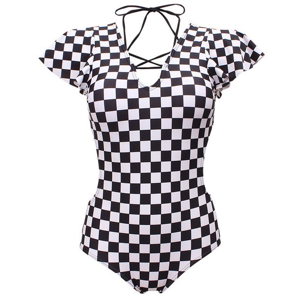 

sanqi women's plaid cut-out one-piece swimsuit causal swimwear #23016, White;black
