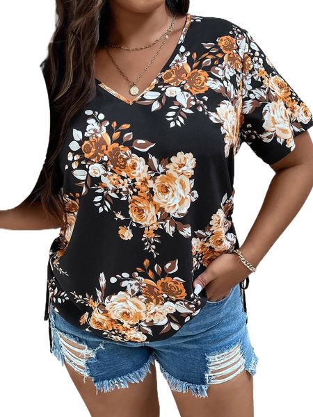 

plus floral print ruched side blouse b78x#, Black