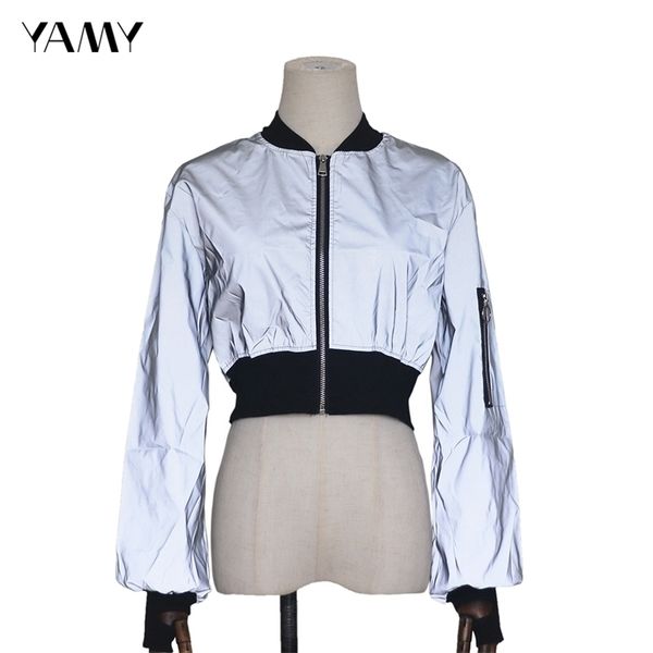 

womens reflective jacket long sleeved thin bomber jacket punk style rockroll chic shining jacket coat zipper outwear y201012, Black;brown