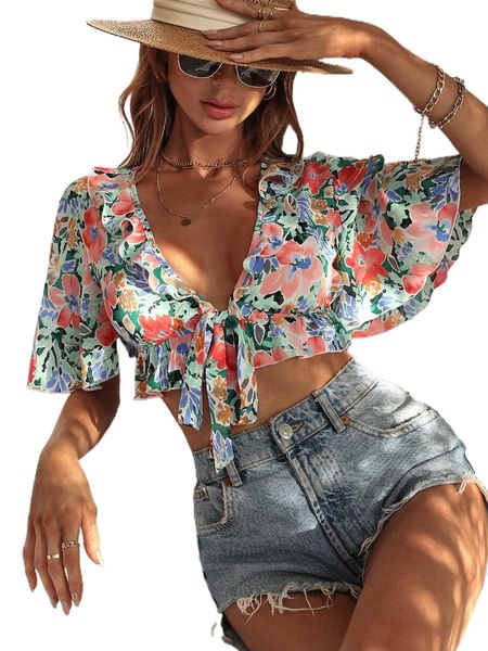 

allover floral print tie front butterfly sleeve ruffle hem blouse 68va#, White
