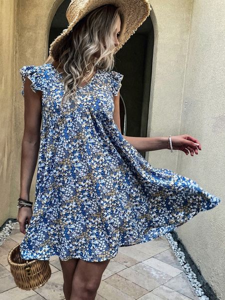 

ditsy floral ruffle trim smock dress a4wc#, Black;gray