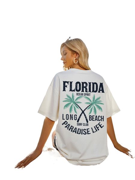 

letter & coconut tree print drop shoulder tee n9yd#, White
