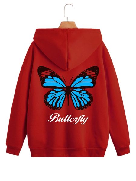 

letter & butterfly print thermal lined zip up hoodie j5we#, Black