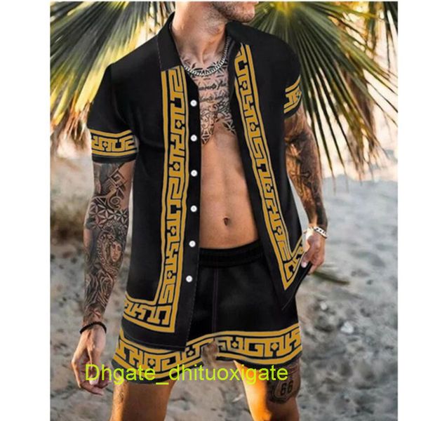 

luxury summer mens tracksuit hawaiian sets t-shirts printing fashion men swim short sleeve button shirts beach shorts streetwear casual shir, Gray