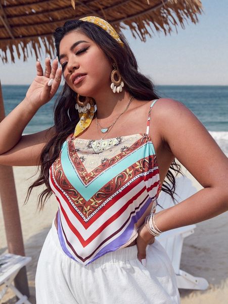 

plus chevron print tie back bandana hem crop cami 432s#, Black