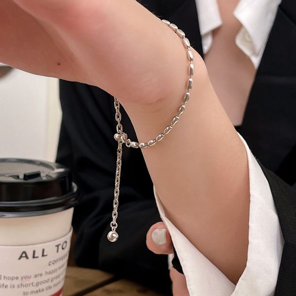 

925 sterling pull type small rice bead bracelet women's summer new fashion light hand jewelry, Golden;silver