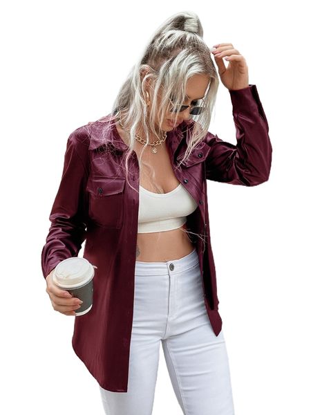 

eilly bazar flap pocket pu leather blouse d5t8#, White