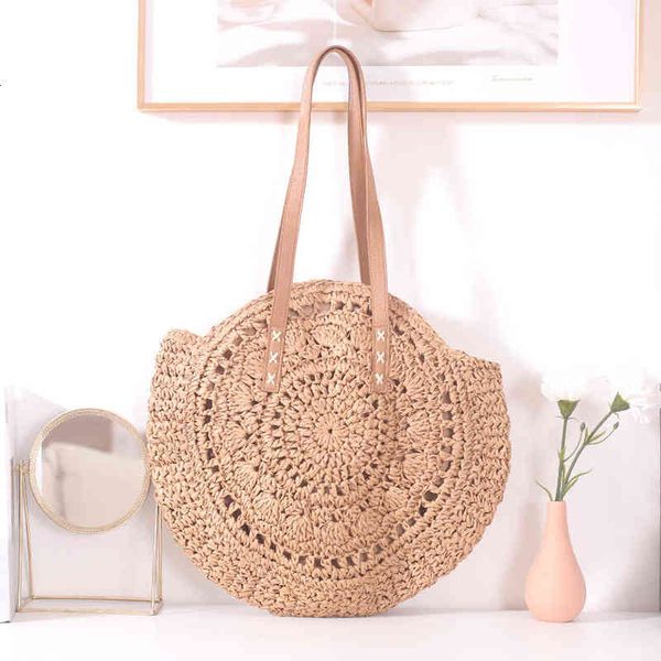 

simple round one shoulder straw woven bag hollow seaside beach fashion women's