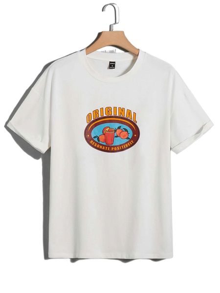 

men fruit & letter graphic drop shoulder tee a2xx#, White;black