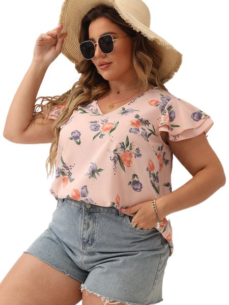 

plus floral print flutter sleeve blouse t3r5#, Black