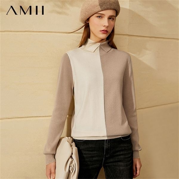 

amii minimalism autumn winter simple women's sweater causal lapel patchwork knitted sweaters for women pullover 1348 201224, White;black
