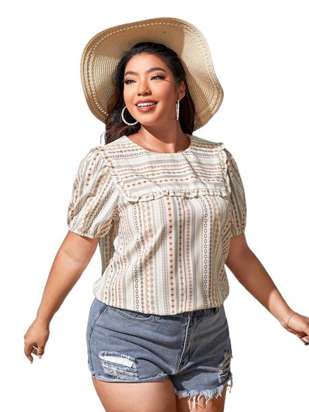 

plus floral & geo print frill trim puff sleeve blouse c022#, Black