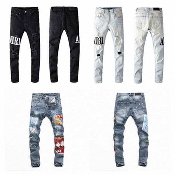 

mens jeans distressed ripped biker slim fit motorcycle biker denim designer hip hop men jeans 2022 sell t26i#, Blue
