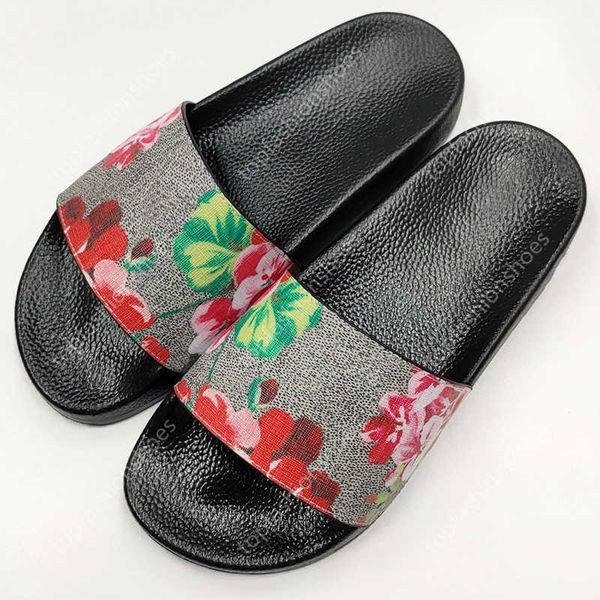 

with box designer slides slippers men women sandals flower red green blue dust bag shoes print slide summer beach fashion trainers wide flat, Black