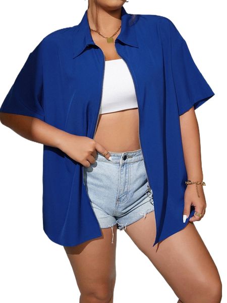 

plus zip up drop shoulder blouse k8yq#, Black