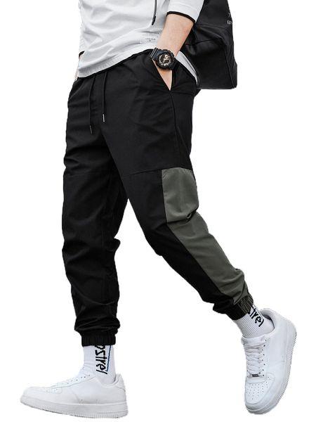 

men colorblock drawstring waist pants z9fh#, Black