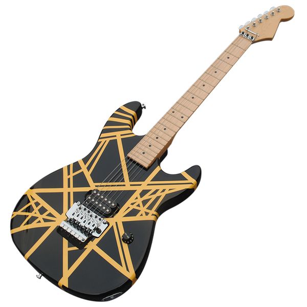 

6 strings yellow black striped electric guitar with floyd rose maple fingerboard