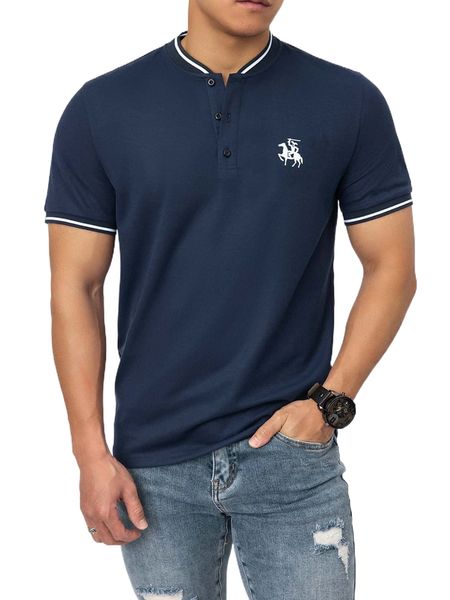 

men figure & horse print striped trim polo shirt 75lo#, White;black