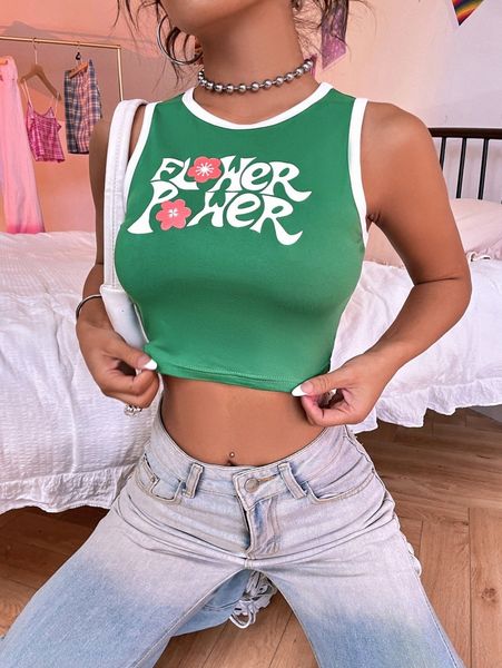 

floral & letter graphic contrast binding tank b5s5#, White