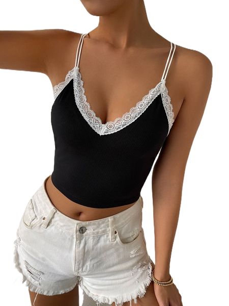 

contrast lace trim crisscross back crop cami c25k#, White