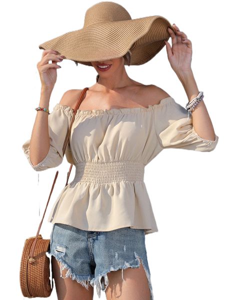 

off shoulder shirred waist peplum z9gd#, White
