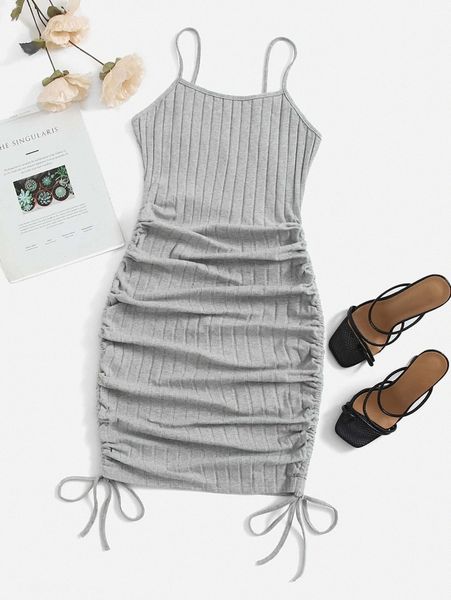 

drawstring side rib-knit dress n166#, Black;gray
