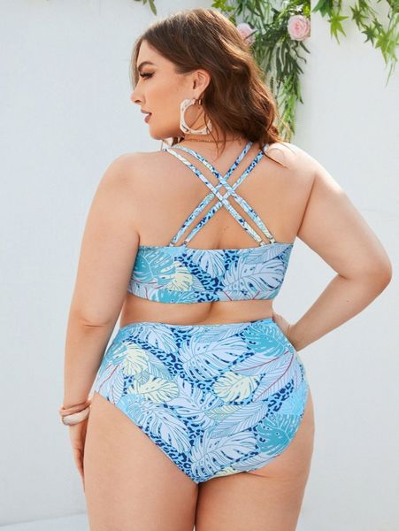 

plus tropical print cross back bikini swimsuit 42yd#, White;black