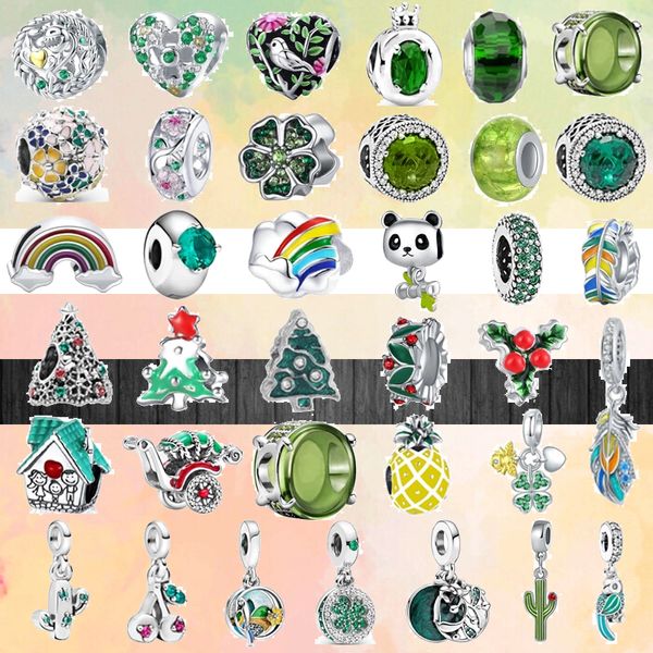 925-Armband-Charms für Pandora-Charm-Set, Originalverpackung, modischer bunter Regenbogen-Weihnachtsbaum, Blumen, grüne europäische Perlen, Halsketten-Charms-Schmuck