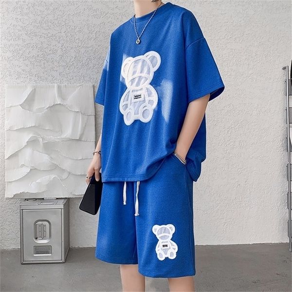 

hybskr summer big bear short sleeve men s suits cartoon graphic streetwear shorts t shirt 5xl sets fashion design clothing 220706, Gray