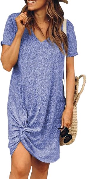 

women v neck short sleeve solid t shirt side knot sundress f2yr#, Black;gray