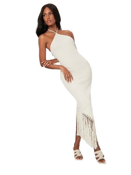 

backless halterneck asymmetrical fringe hem bodycon dress 488z#, Black;gray