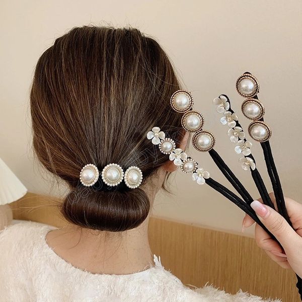 

fashion pearls magic bun maker hairbands donut pearl flower hair bands girls diy hairstyle headband tools accessories, Slivery;white