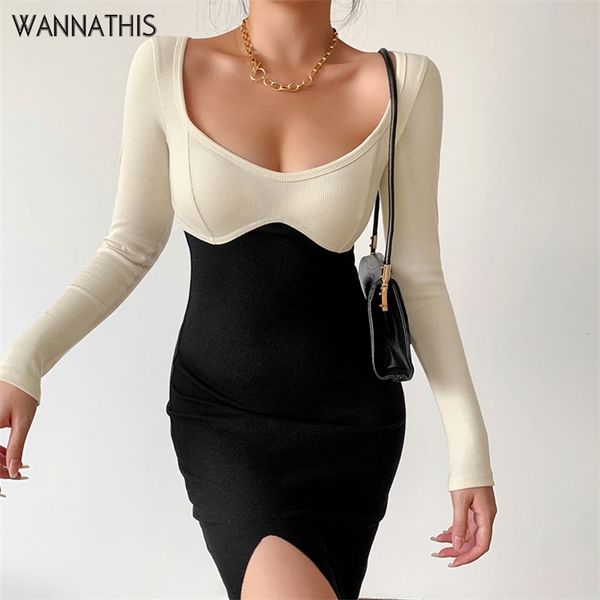

wannathis ribbed elegant womens dresses patchwork long sleeve u neck split bodycon midi autumn office lady casual 220607, Black;gray