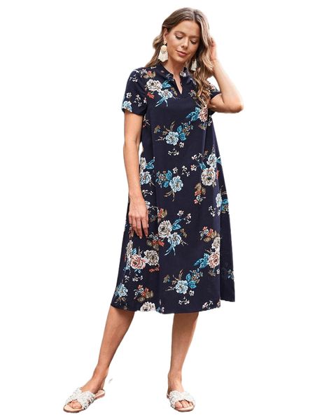 

emery rose floral print notched neck belted dress i3ut#, Black;gray