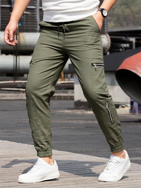 

men drawstring waist zipper pocket pants q5z5#, Black