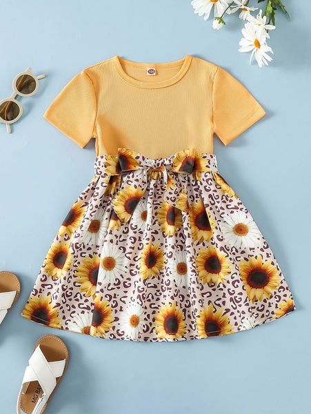 

toddler girls floral & leopard print belted dress she, Red;yellow