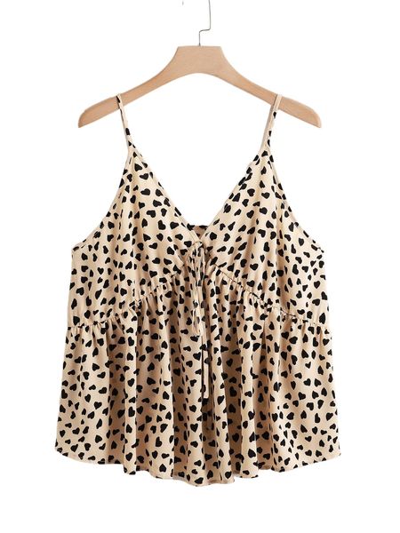 

plus heart print knot front cami r36z#, Black