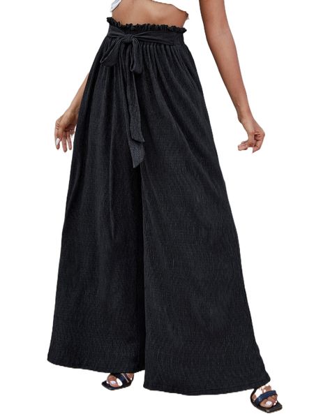 

paperbag waist belted wide leg pants b5ny#, Black;white