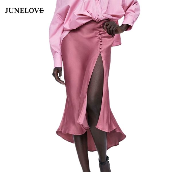 

junelove women summer glossy satin trumpet skirts high waist skirt pink midi skirt split metallic color party skirt bottoms t200324, Black