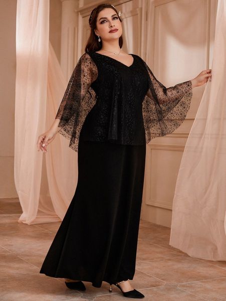 

plus v neck mesh overlay prom dress l7sj#, Black