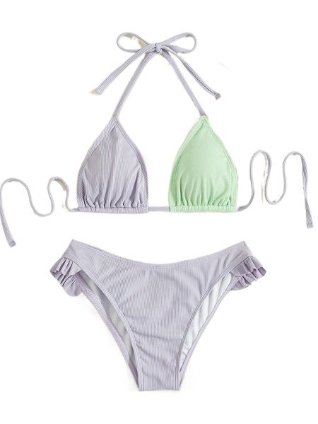 

color block rib halter bikini swimsuit u3ls#, White;black