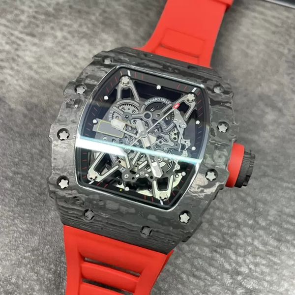 

2022 new luxury mens skeleton watch carbon fiber case red rubber strap mechanical self-winding glide smooth second hand wristwatch all funct, Slivery;brown