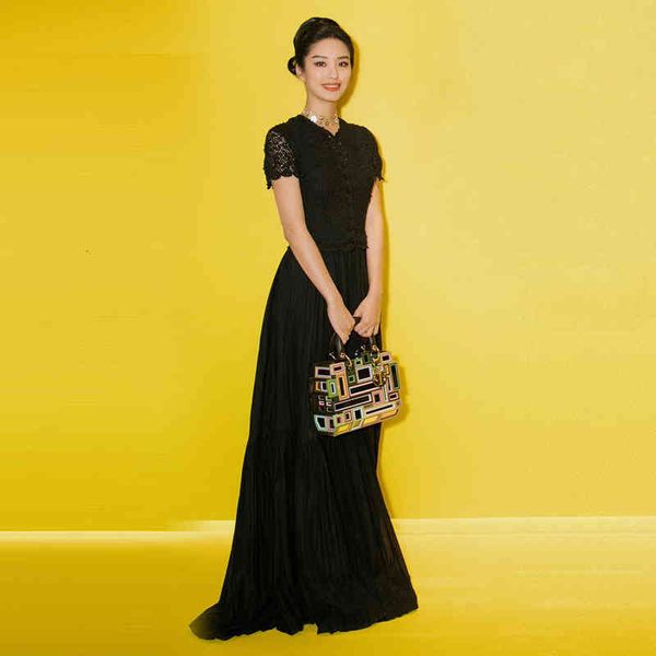 

casual dresses two color star show pleated long skirt summer water-soluble drape dress 8vi8, Black;gray