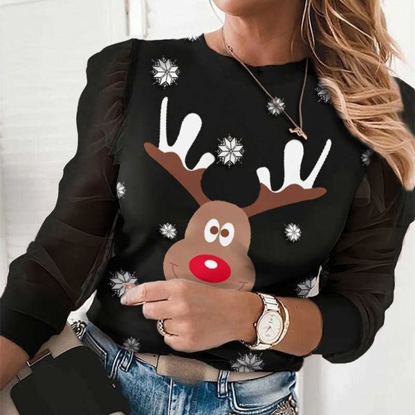 

women fashion casual long sleeve blouse sheer mesh splicing blouse feamle christmas elk snowflake print 210716, White