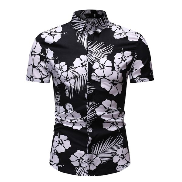 Herrenmode Schwarz Weiß Blumenhemden Lässige Button-Down-Kurzarm-Hawaiihemd Strandurlaub Slim Fit Partyhemden Tops 220527