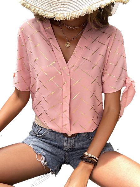 

gold plaid knot sleeve blouse e3ed#, White