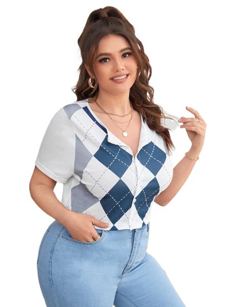 

plus argyle print button front tee b8re#, Black