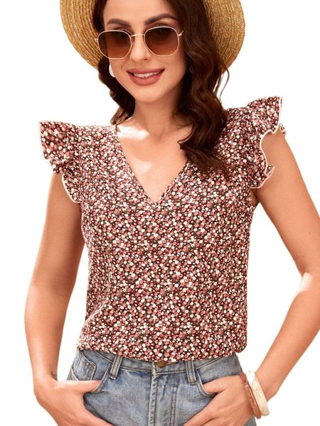

ditsy floral v-neck ruffle armhole j7ed#, White